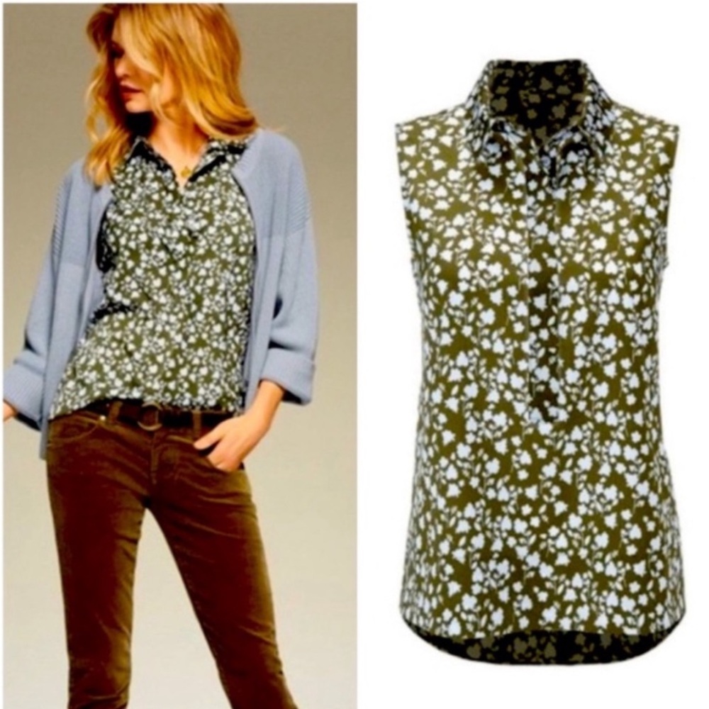 Cabi Keepstake Blouse Olive and Blue Floral Sleeveless Top Size Small ( …